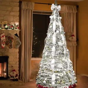 6/7ft Pre-Lighted Pre-Decorated Flocked Christmas Tree Flocked Pop-Up Christmas Tree, Comes with White Christmas Ball Decorations White Bow Ribbon pre-lit artificial white christmas xmas christmas put ribbonTacky christmas tree christmas decorations