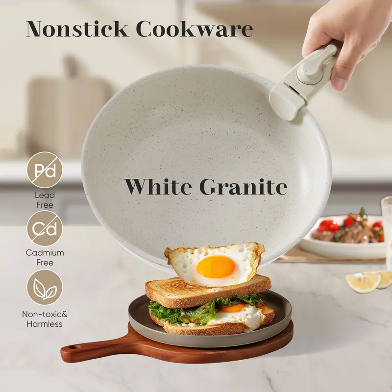 【Christmas Gifts】12-Piece Nonstick Pots and Pans Set - Kitchen Cookware with Removable Handles - Ideal for Home Cooking, Cream White - Image 4